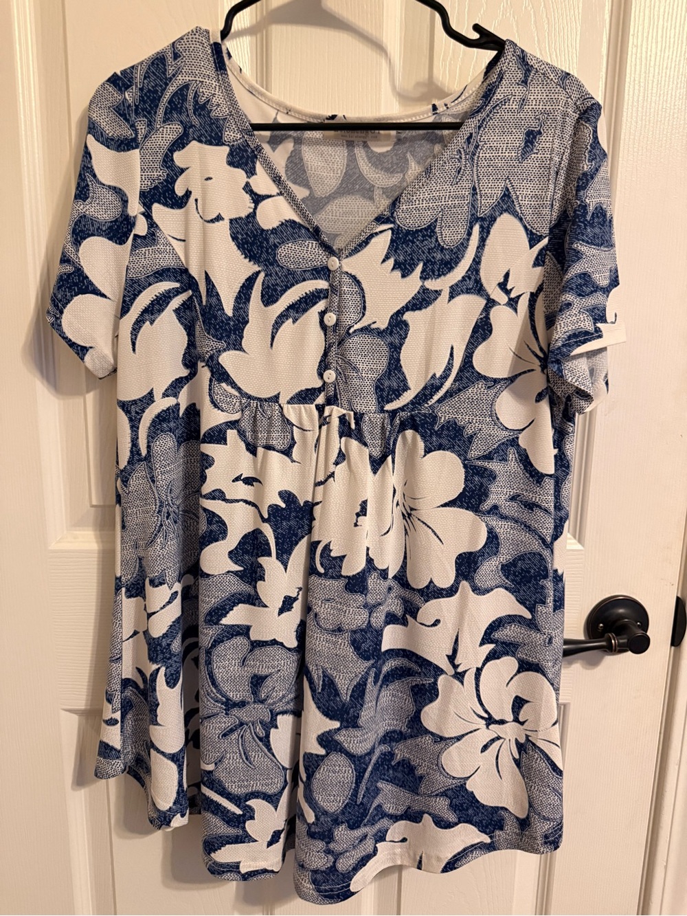 BaiShengGT Blue White Floral Rayon Babydoll Tunic Top Size XL